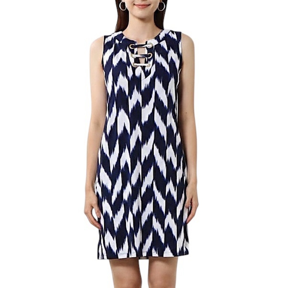 MICHAEL KORS Navy Ikat Chevron Grommet Lace-Up Sleeveless Shift Dress Large NEW